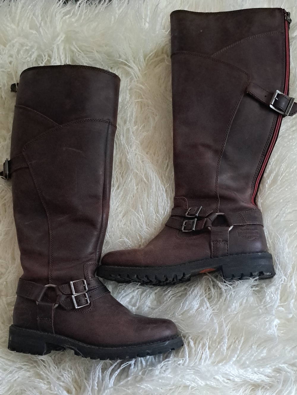 Harley-Davidson Brown Leather Tall Moto Boots with Buckles